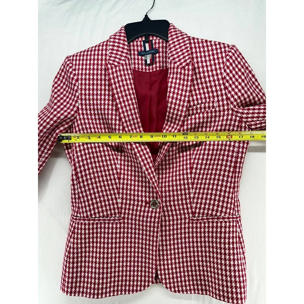 Tommy Hilfiger Red White Houndstooth Blazer Jacket Single Button Size 6